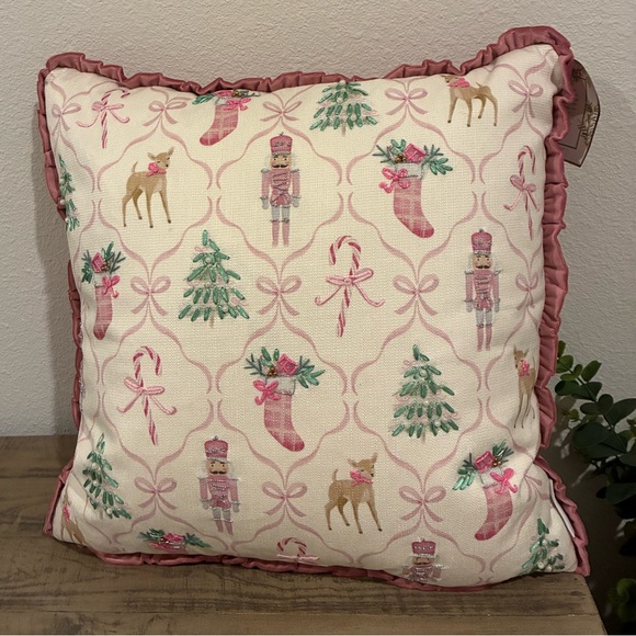 Pink Christmas Nutcrackers and Bows Pillow. - Picture 1 of 5